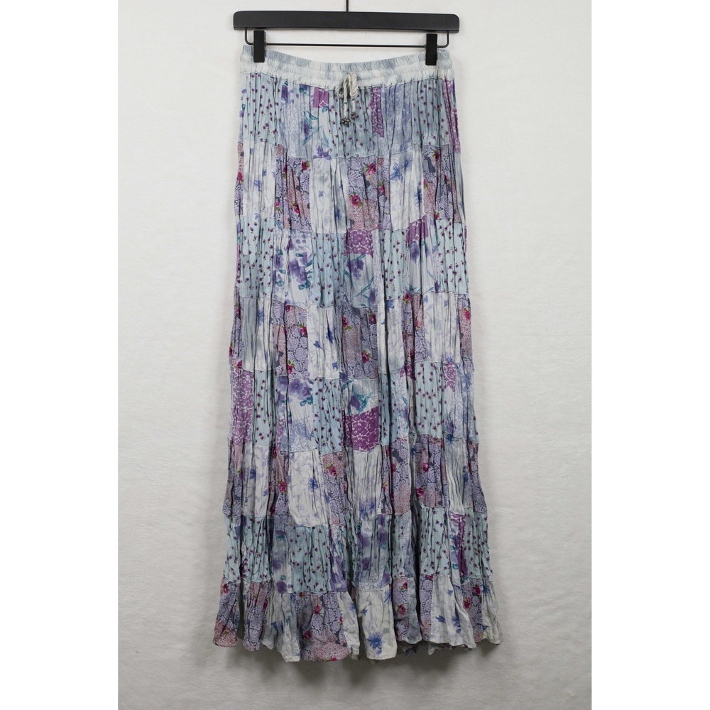 GYPSY ROSE Patchwork Tiered Maxi Skirt Boho Floral Fairy Festival Blue One Size